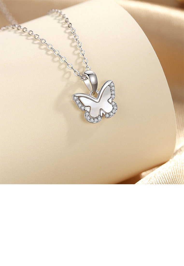 925 Sterling Silver Simple Cute Butterfly Pendant with Cubic Zirconia and Necklace - Luxurious Look