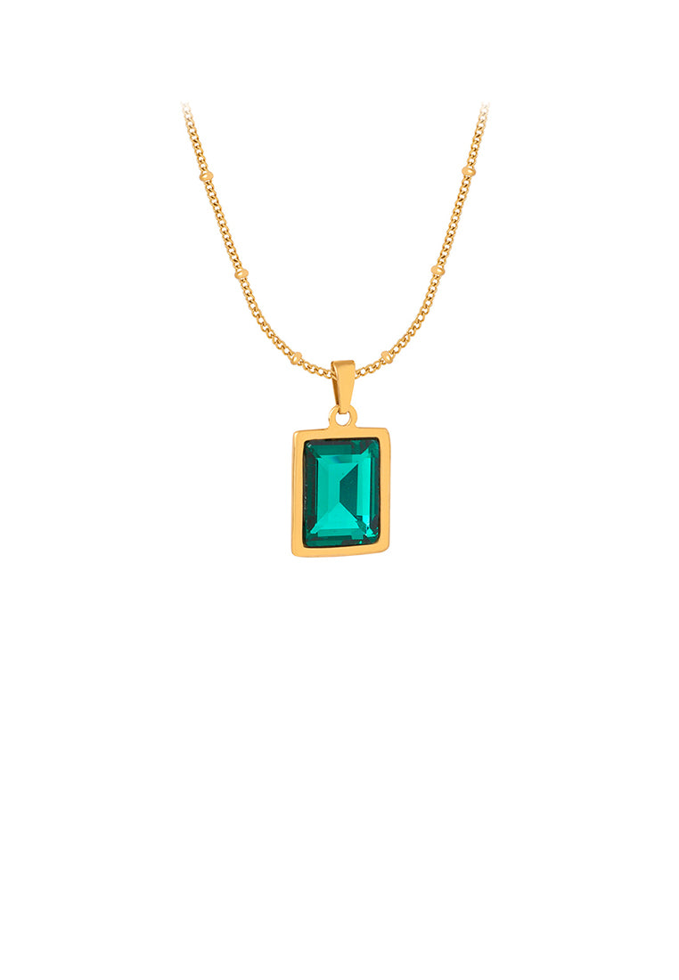 Simple and Fashion Plated Gold 316L Stainless Steel Geometric Square Pendant with Green Cubic Zirconia and Necklace - Luxurious Look