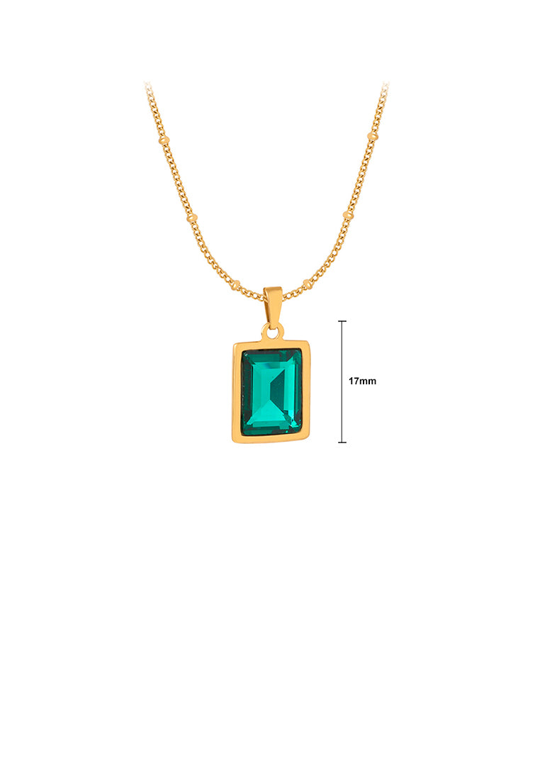Simple and Fashion Plated Gold 316L Stainless Steel Geometric Square Pendant with Green Cubic Zirconia and Necklace - Luxurious Look