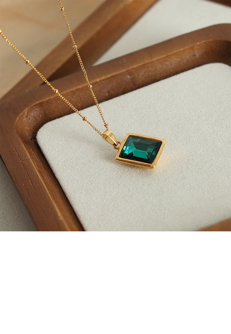 Simple and Fashion Plated Gold 316L Stainless Steel Geometric Square Pendant with Green Cubic Zirconia and Necklace - Luxurious Look