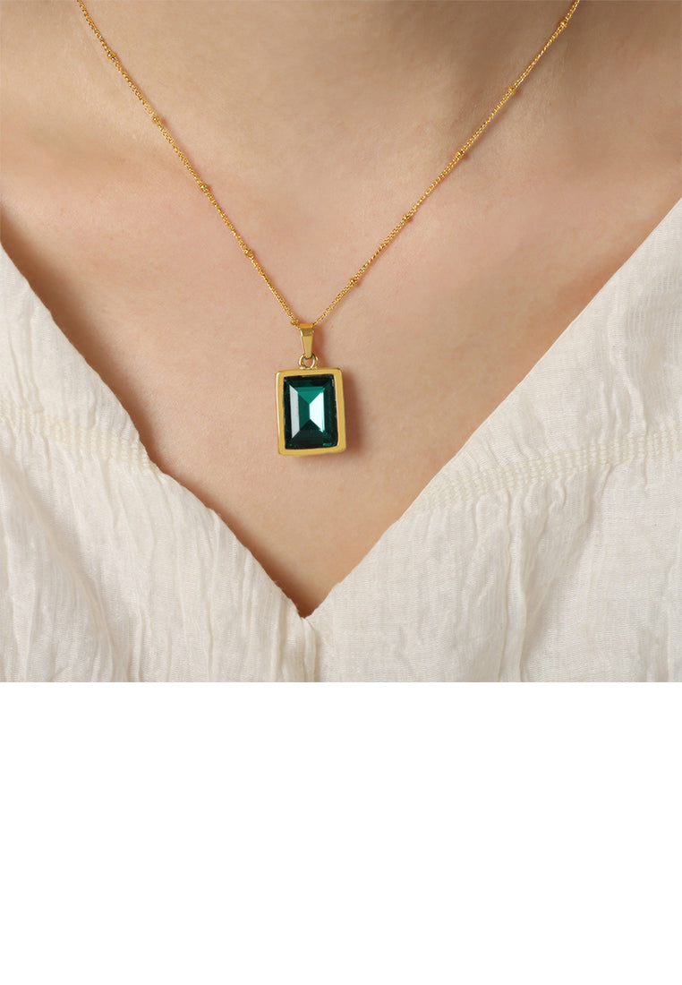 Simple and Fashion Plated Gold 316L Stainless Steel Geometric Square Pendant with Green Cubic Zirconia and Necklace - Luxurious Look