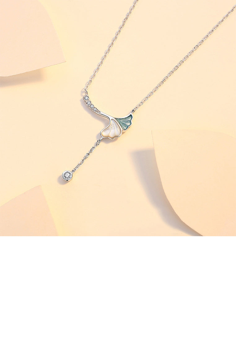 925 Sterling Silver Fashion Simple Ginkgo Leaf Tassel Pendant with Cubic Zirconia and Necklace - Luxurious Look