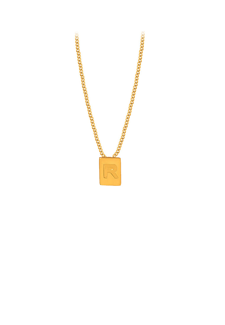 Fashion and Simple Plated Gold 316L Stainless Steel Alphabet R Geometric Square Pendant with Necklace