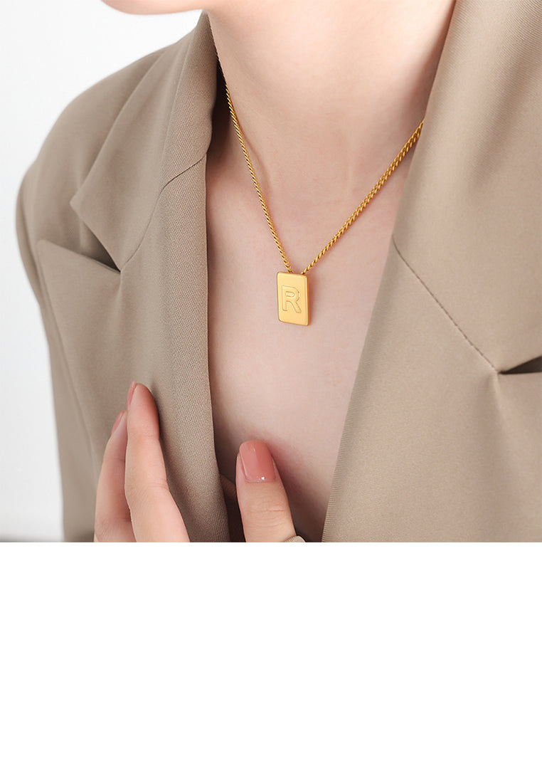 Fashion and Simple Plated Gold 316L Stainless Steel Alphabet R Geometric Square Pendant with Necklace