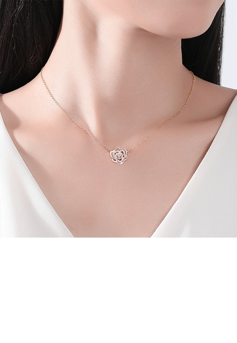 925 Sterling Silver Plated Rose Gold Fashion Elegant Rose Pendant with Cubic Zirconia and Necklace - Luxurious Look