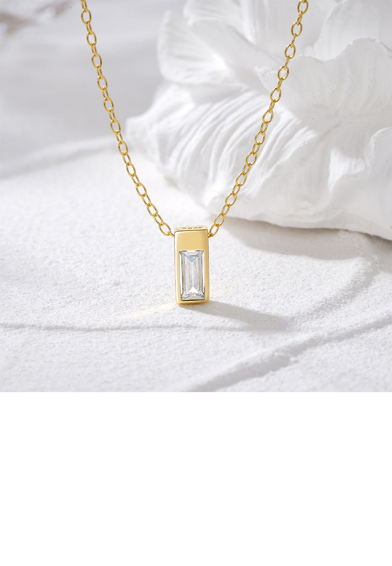 925 Sterling Silver Plated Gold Simple and Fashion Geometric Square Pendant with Cubic Zirconia and Necklace - Luxurious Look