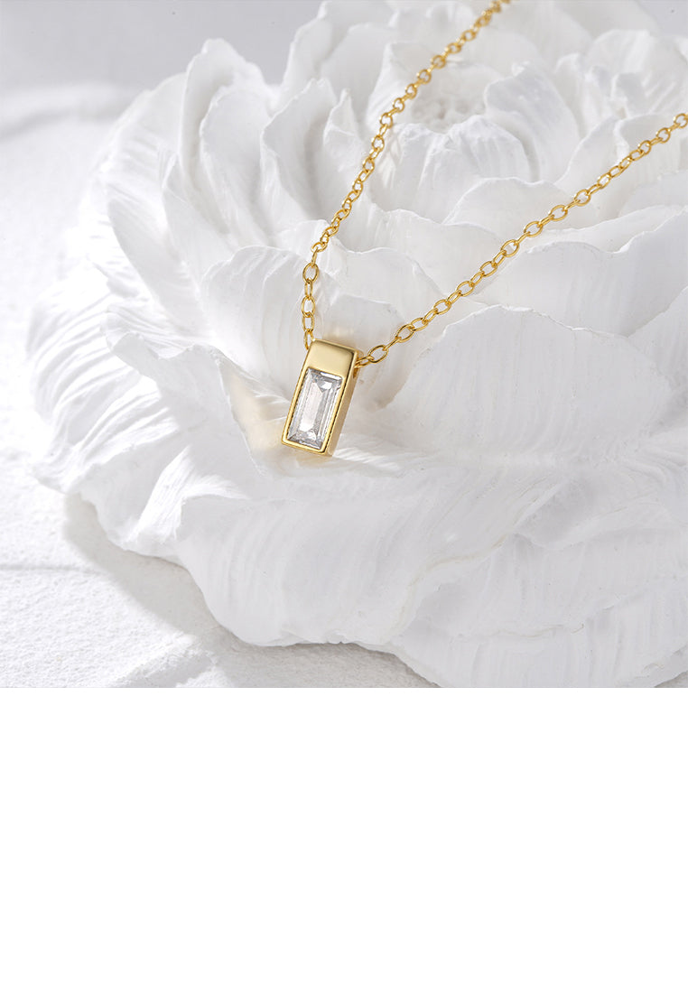 925 Sterling Silver Plated Gold Simple and Fashion Geometric Square Pendant with Cubic Zirconia and Necklace - Luxurious Look