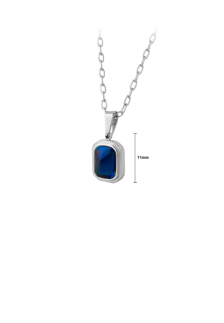 Simple and Fashion 316L Stainless Steel Geometric Square Pendant with Blue Cubic Zirconia and Necklace - Luxurious Look