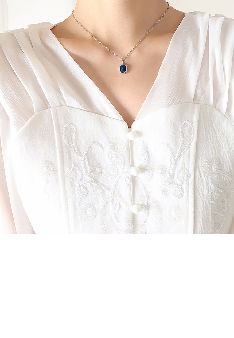 Simple and Fashion 316L Stainless Steel Geometric Square Pendant with Blue Cubic Zirconia and Necklace - Luxurious Look