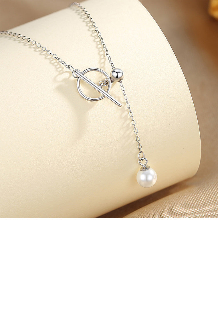 925 Sterling Silver Simple and Fashion Geometric Circle Tassel Imitation Pearl Pendant with Necklace - Luxurious Look