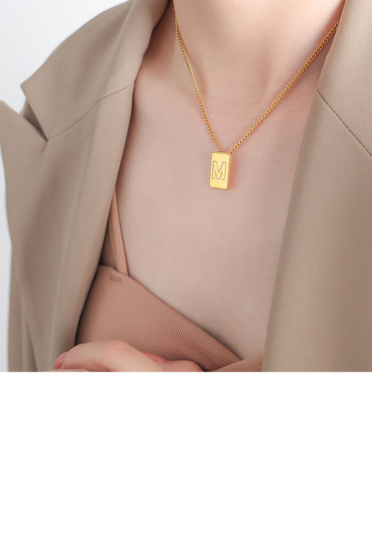 Fashion and Simple Plated Gold 316L Stainless Steel Alphabet M Geometric Square Pendant with Necklace