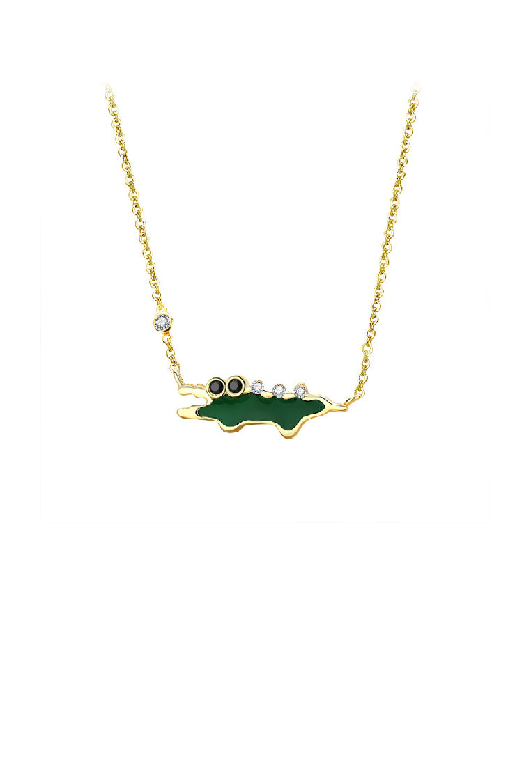 925 Sterling Silver Plated Gold Creative Cute Enamel Alligator Pendant with Cubic Zirconia and Necklace - Luxurious Look