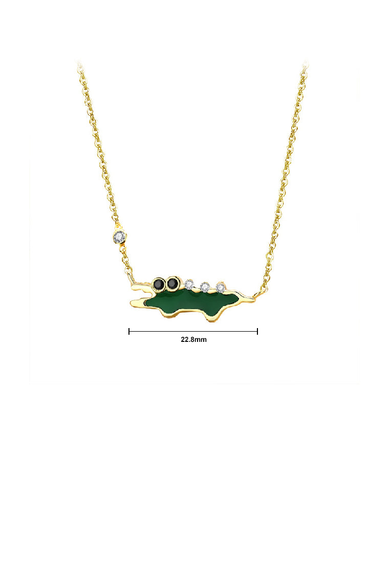 925 Sterling Silver Plated Gold Creative Cute Enamel Alligator Pendant with Cubic Zirconia and Necklace - Luxurious Look