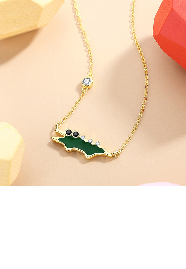 925 Sterling Silver Plated Gold Creative Cute Enamel Alligator Pendant with Cubic Zirconia and Necklace - Luxurious Look