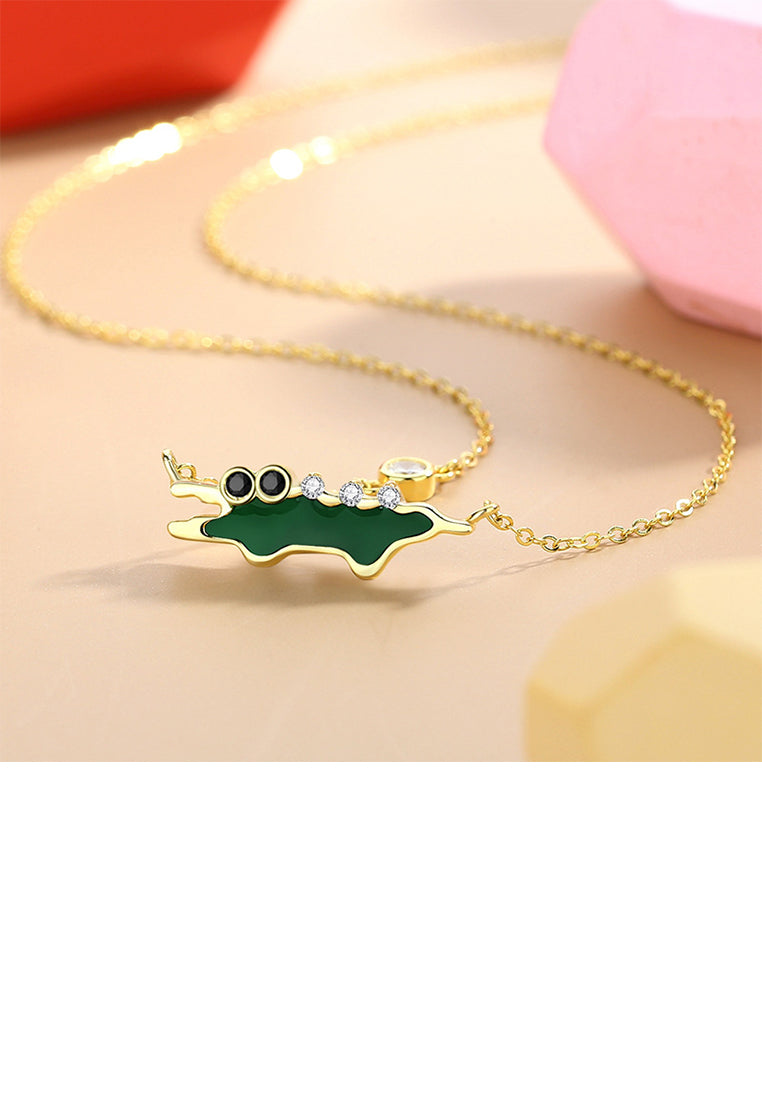 925 Sterling Silver Plated Gold Creative Cute Enamel Alligator Pendant with Cubic Zirconia and Necklace - Luxurious Look