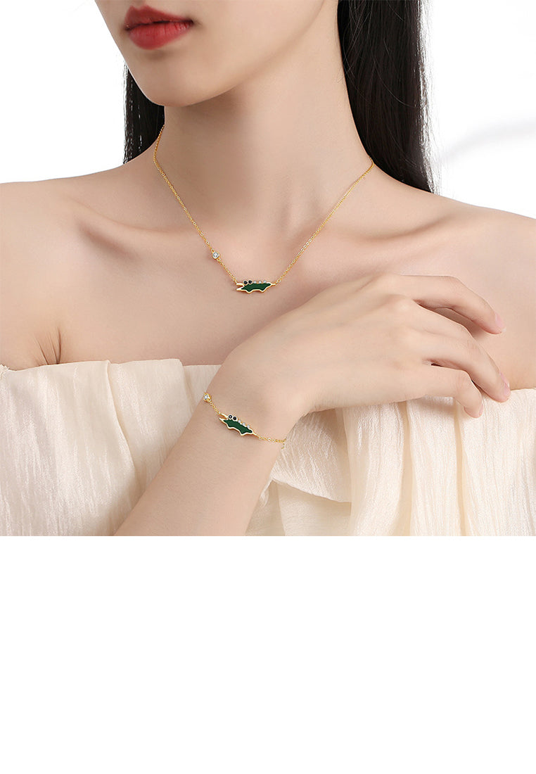 925 Sterling Silver Plated Gold Creative Cute Enamel Alligator Pendant with Cubic Zirconia and Necklace - Luxurious Look