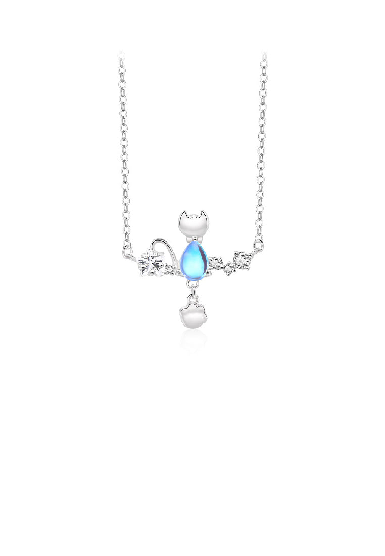 925 Sterling Silver Simple and Cute Cat Moonstone Pendant with Cubic Zirconia and Necklace - Luxurious Look