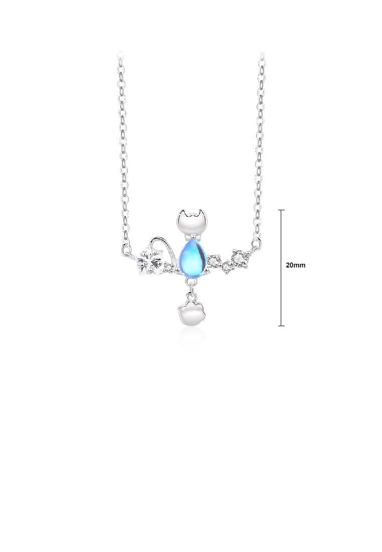925 Sterling Silver Simple and Cute Cat Moonstone Pendant with Cubic Zirconia and Necklace - Luxurious Look