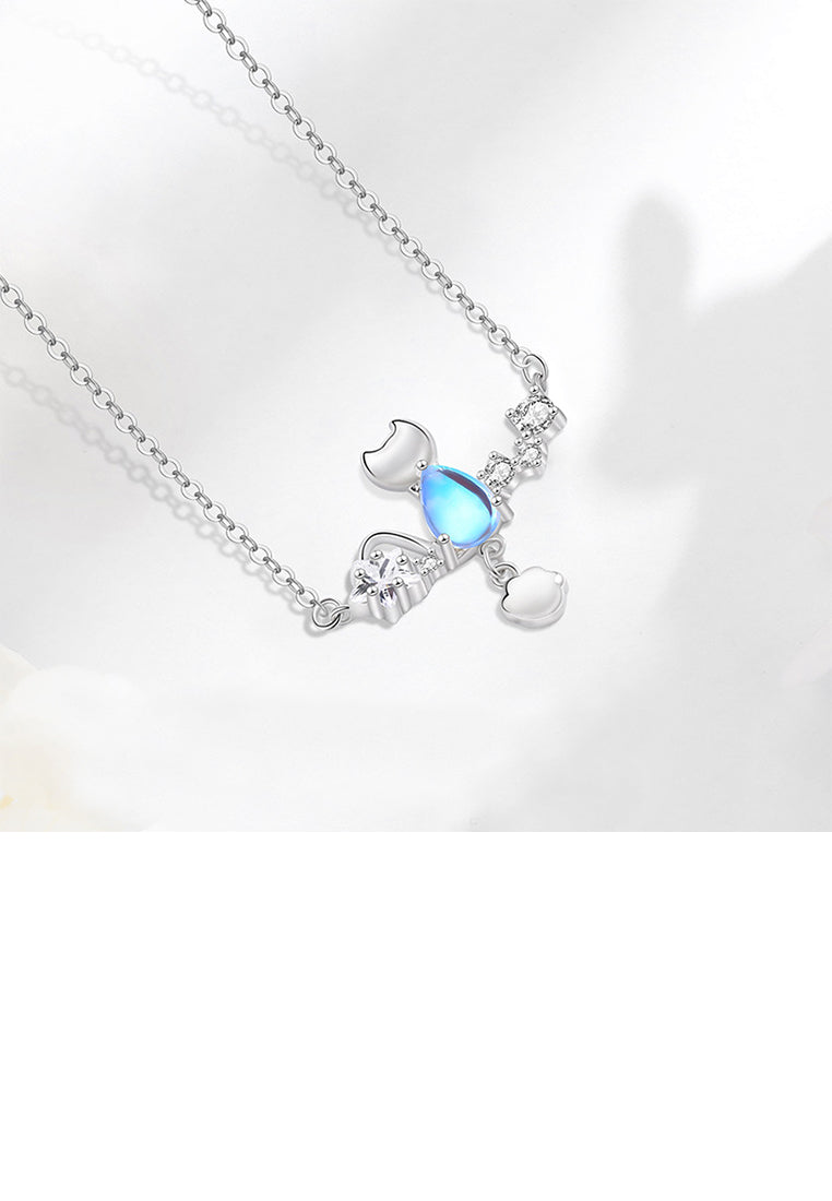 925 Sterling Silver Simple and Cute Cat Moonstone Pendant with Cubic Zirconia and Necklace - Luxurious Look