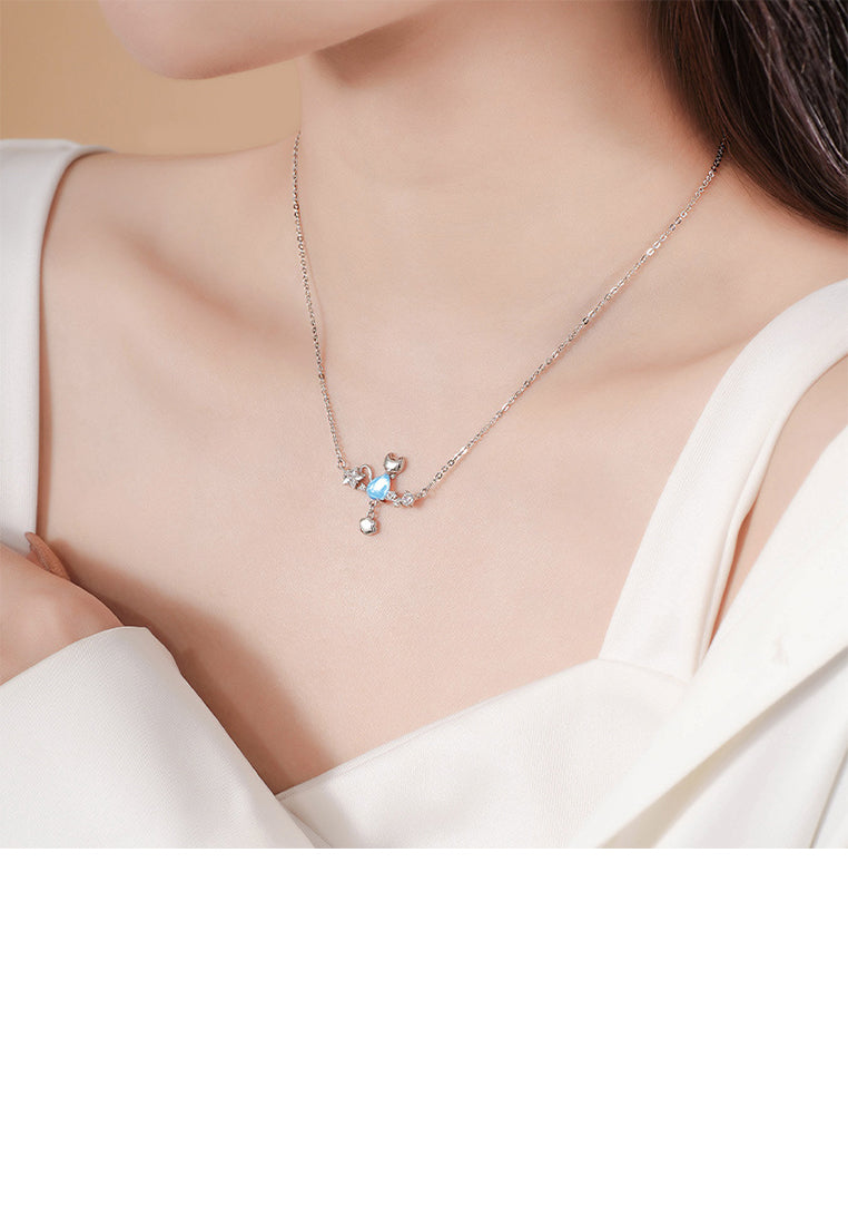 925 Sterling Silver Simple and Cute Cat Moonstone Pendant with Cubic Zirconia and Necklace - Luxurious Look