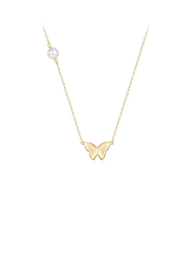 925 Sterling Silver Plated Gold Simple Cute Butterfly Pendant with Imitation Pearls and Necklace
