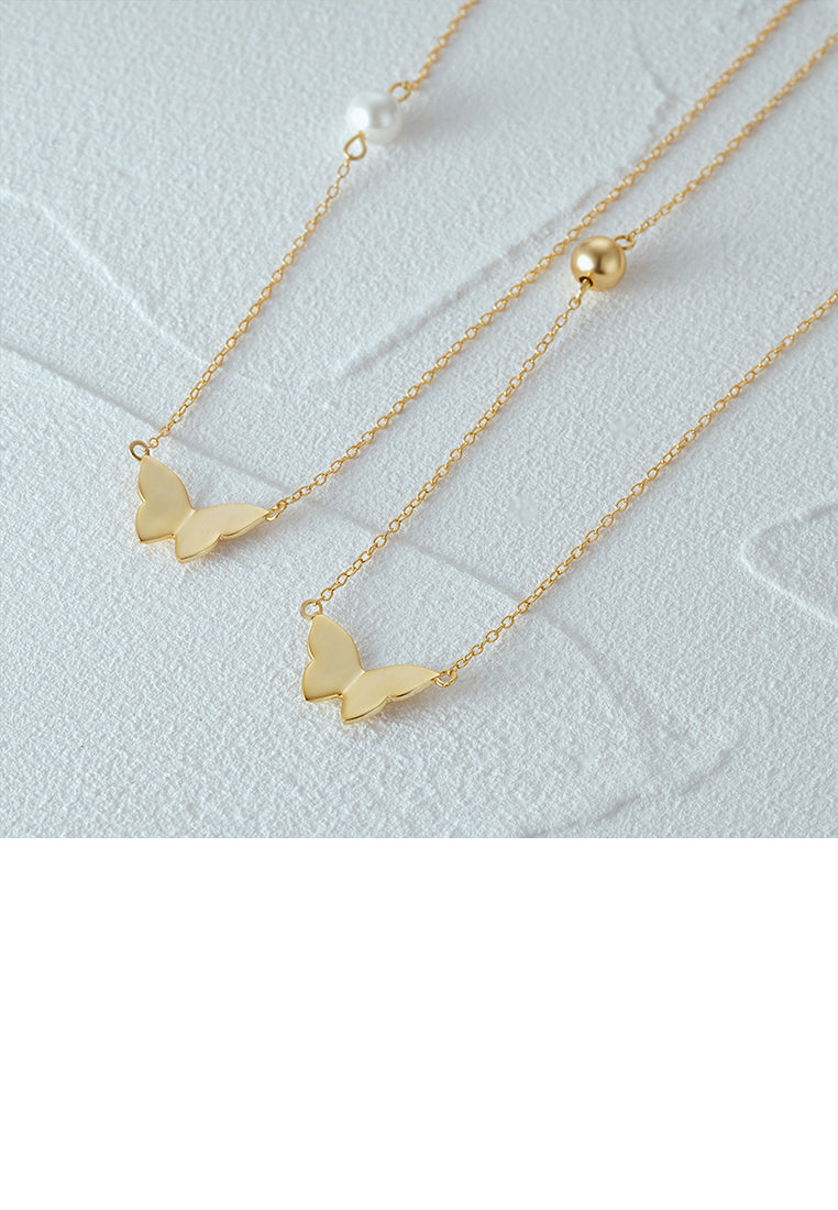 925 Sterling Silver Plated Gold Simple Cute Butterfly Pendant with Imitation Pearls and Necklace