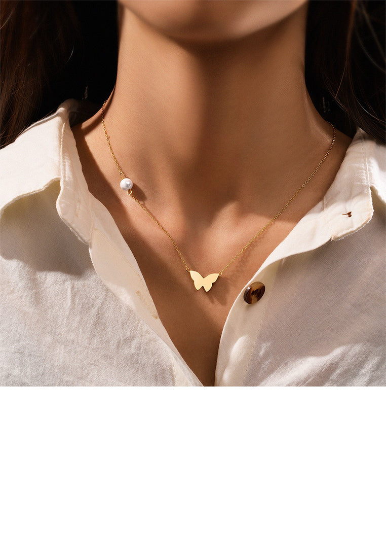 925 Sterling Silver Plated Gold Simple Cute Butterfly Pendant with Imitation Pearls and Necklace