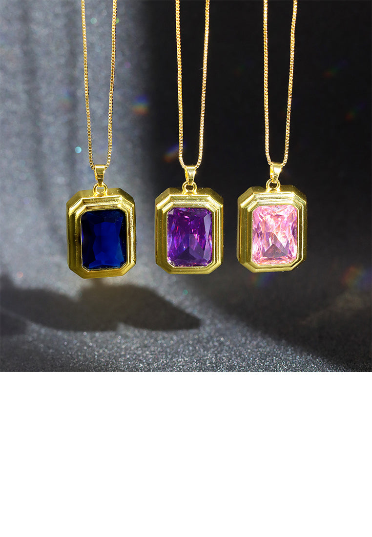 Fashion Simple Plated Gold Geometric Cube Pendant with Blue Cubic Zirconia and Necklace - Luxurious Look