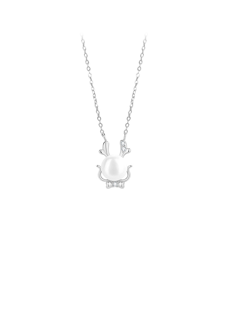 925 Sterling Silver Simple and Cute Dragon Imitation Pearl Pendant with Cubic Zirconia and Necklace - Luxurious Look