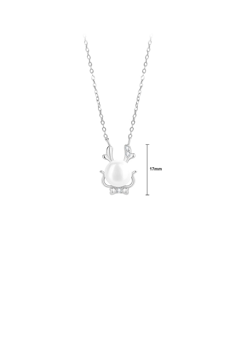 925 Sterling Silver Simple and Cute Dragon Imitation Pearl Pendant with Cubic Zirconia and Necklace - Luxurious Look