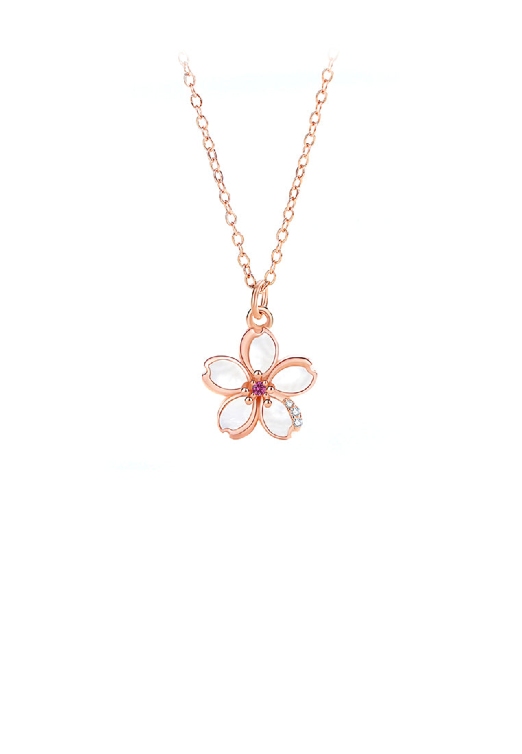 925 Sterling Silver Plated Rose Gold Fashion Temperament Cherry Blossom Mother-of-pearl Pendant with Cubic Zirconia and Necklace - Luxurious Look