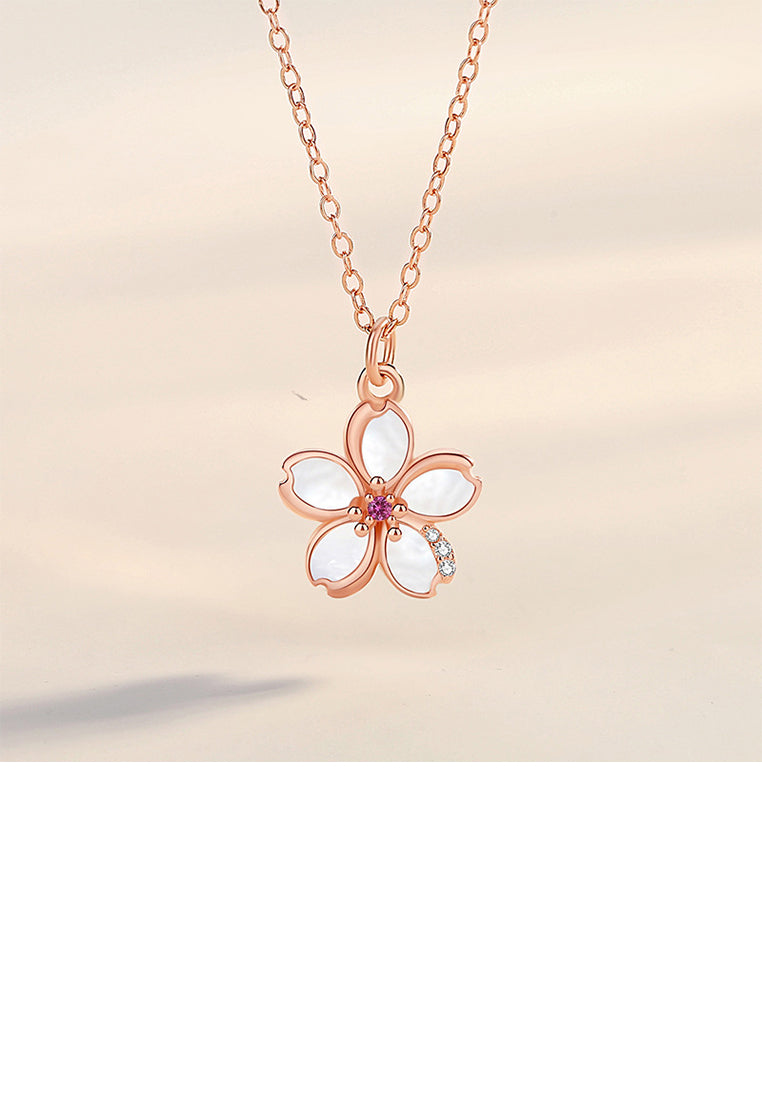 925 Sterling Silver Plated Rose Gold Fashion Temperament Cherry Blossom Mother-of-pearl Pendant with Cubic Zirconia and Necklace - Luxurious Look