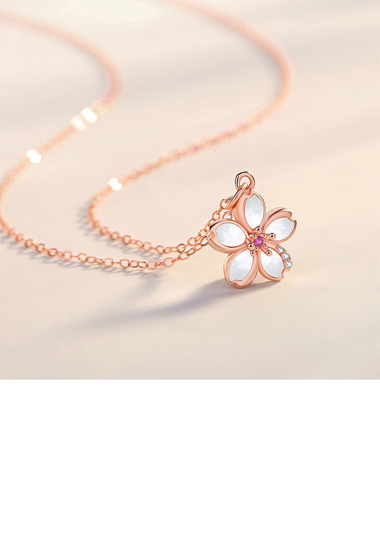925 Sterling Silver Plated Rose Gold Fashion Temperament Cherry Blossom Mother-of-pearl Pendant with Cubic Zirconia and Necklace - Luxurious Look