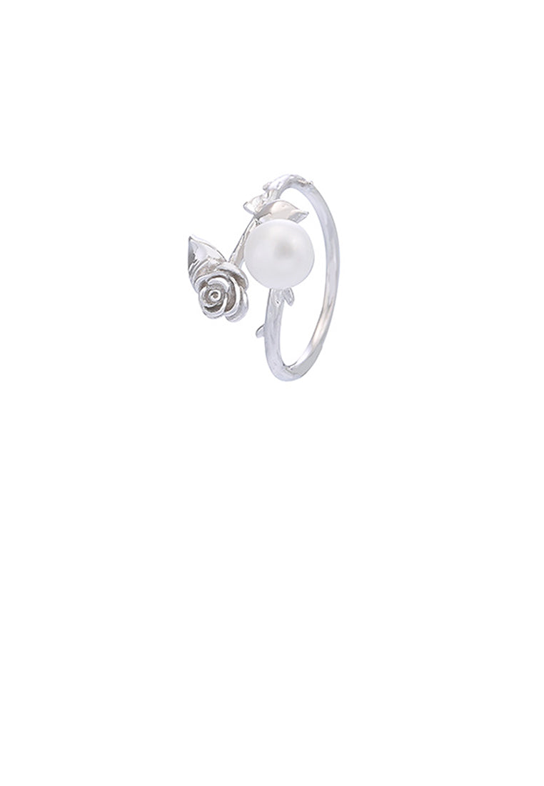 925 Sterling Silver Fashion Elegant Rose White Freshwater Pearl Adjustable Ring - Luxurious Look