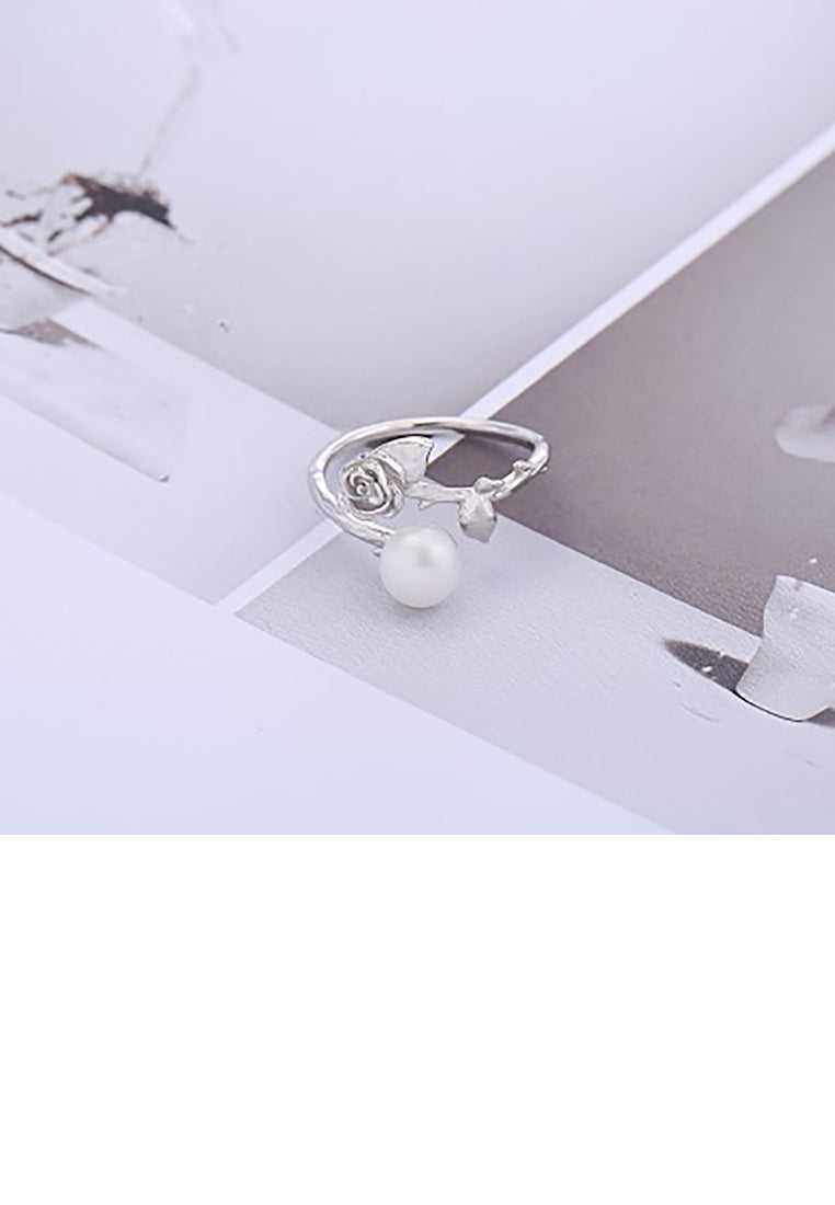 925 Sterling Silver Fashion Elegant Rose White Freshwater Pearl Adjustable Ring - Luxurious Look