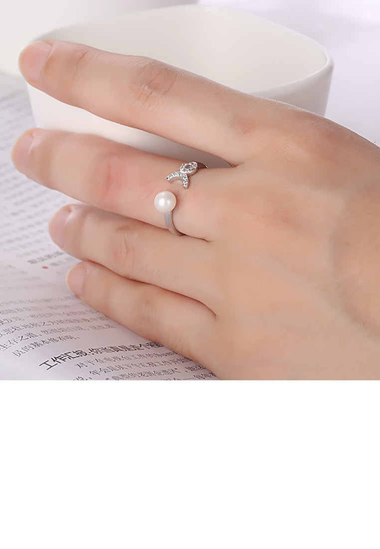 925 Sterling Silver Fashion Simple Twelve Constellation Taurus Freshwater Pearl Adjustable Open Ring with Cubic Zirconia - Luxurious Look