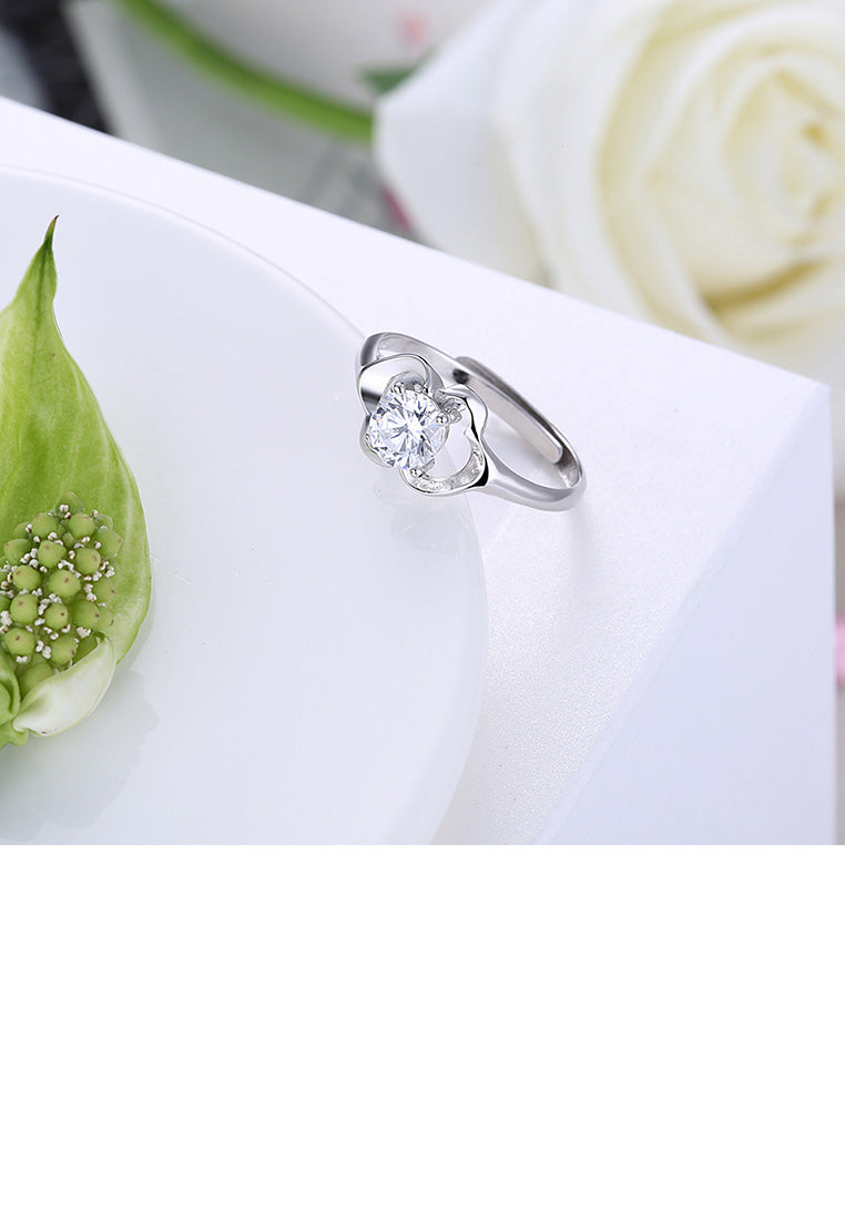 925 Sterling Silver Elegant Openwork Flower Adjustable Ring with Cubic Zircon