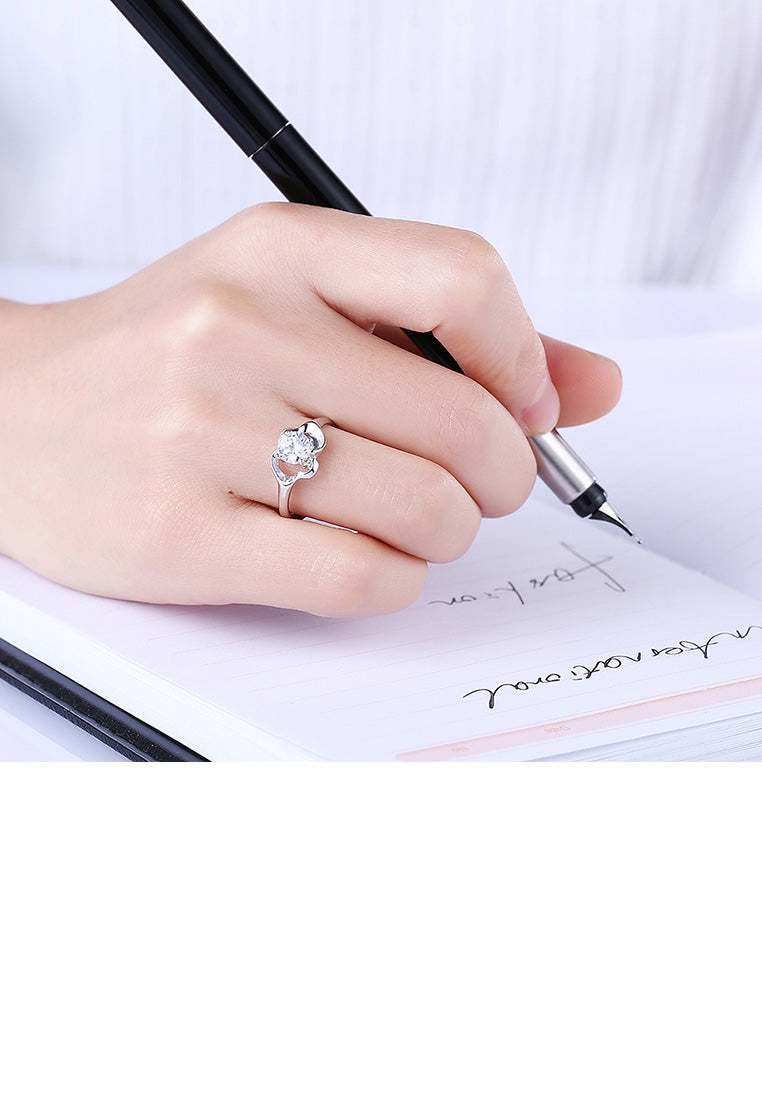 925 Sterling Silver Elegant Openwork Flower Adjustable Ring with Cubic Zircon