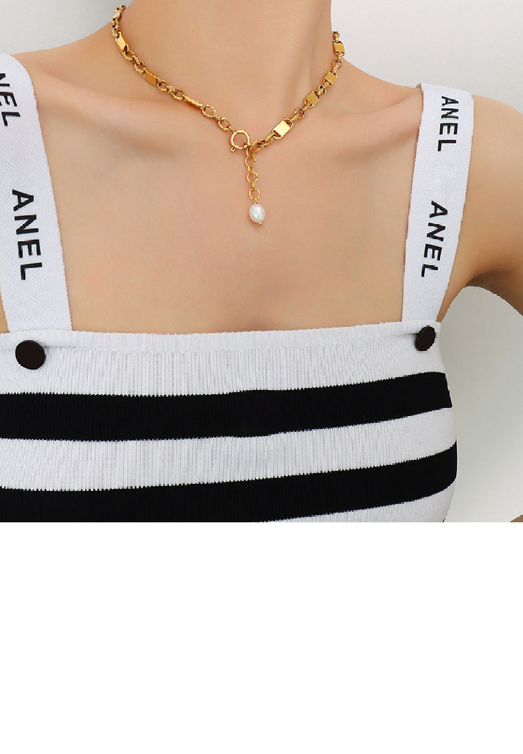 Simple Temperament Plated Gold 316L Stainless Steel Chain Tassel Imitation Pearl Necklace - Luxurious Look