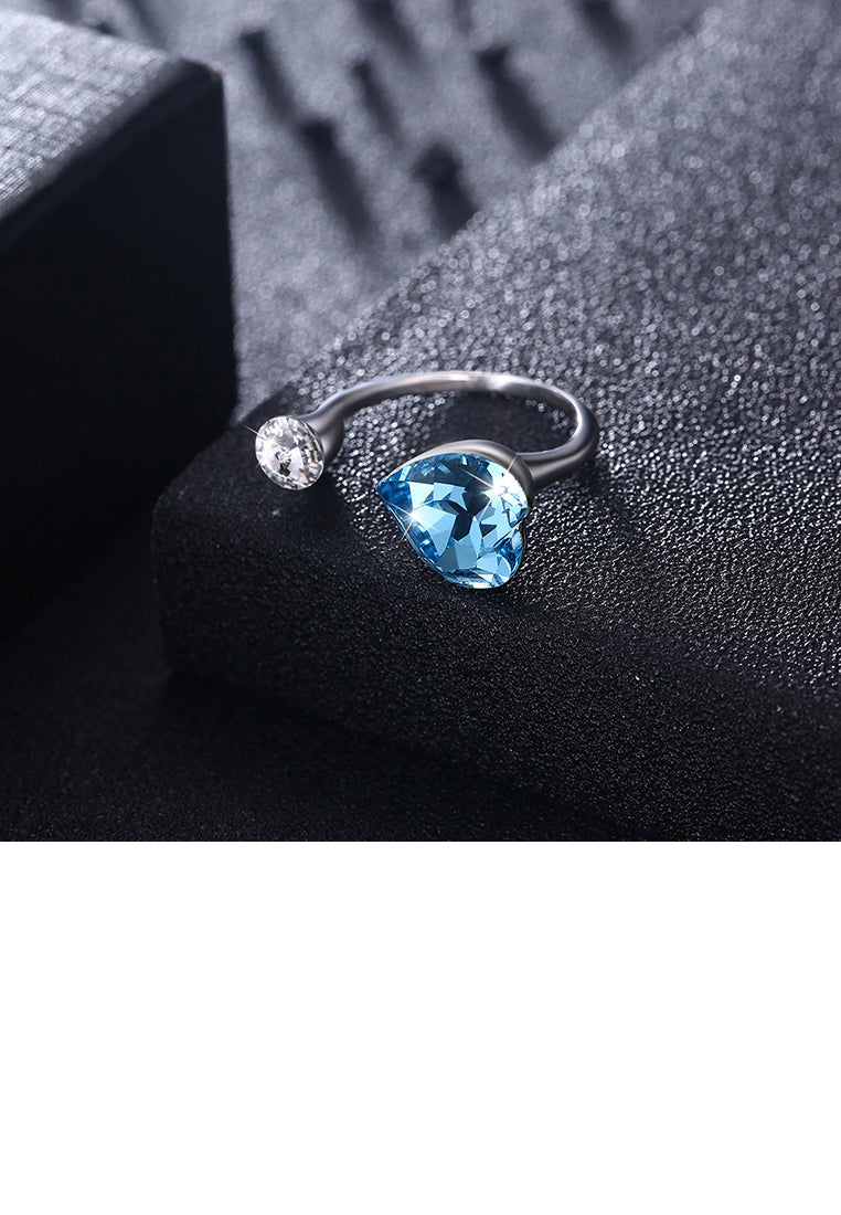 925 Sterling Silve Elegant Romantic Sweet Blue Austrian Element Crystal Heart Shape Adjustable Opening Ring