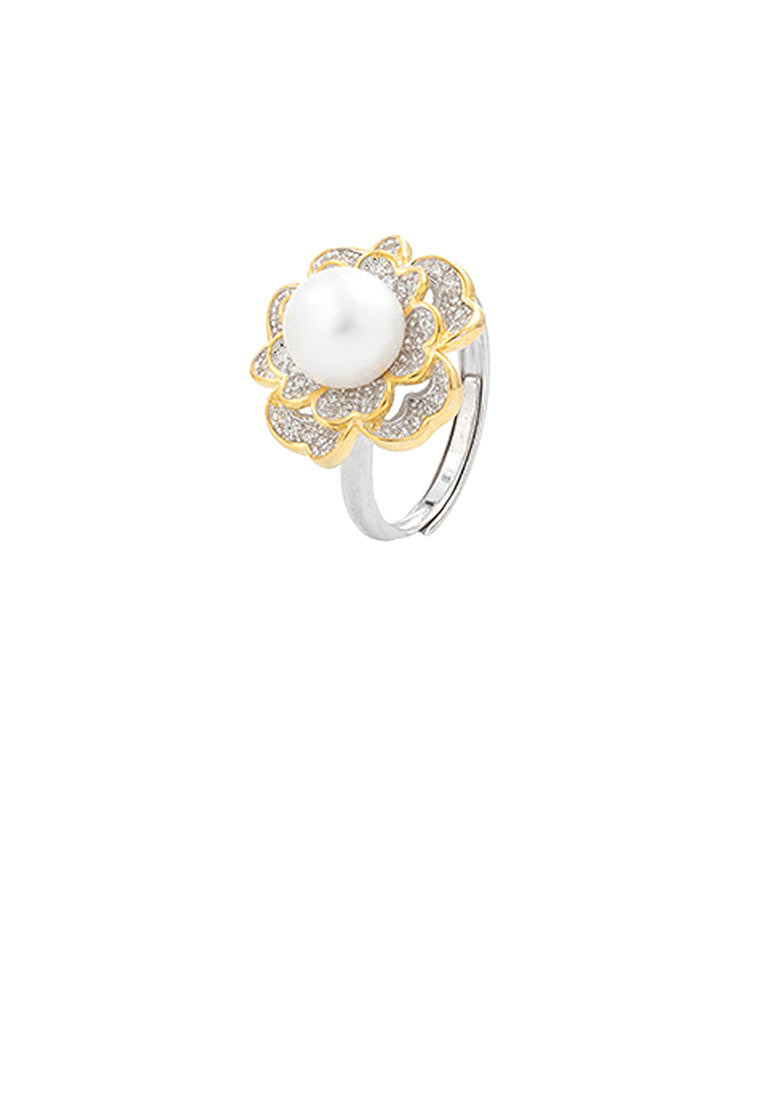 925 Sterling Silver Fashion Elegant Flower Freshwater Pearl Adjustable Ring with Cubic Zirconia - Luxurious Look