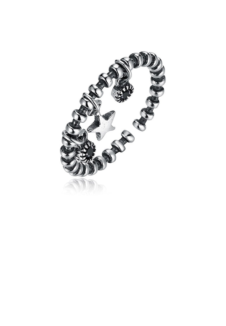 925 Sterling Silver Vintage Fashion Star Adjustable Opening Ring with Black Cubic Zircon
