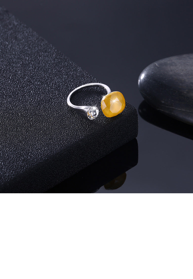 925 Sterling Silver Fashion Personalized Yellow Austrian Element Crystal Cube Adjustable Ring