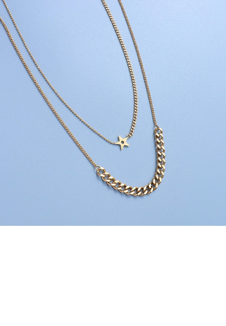 Fashion Personality Plated Gold 316L Stainless Steel Star Chain Double Layer Necklace
