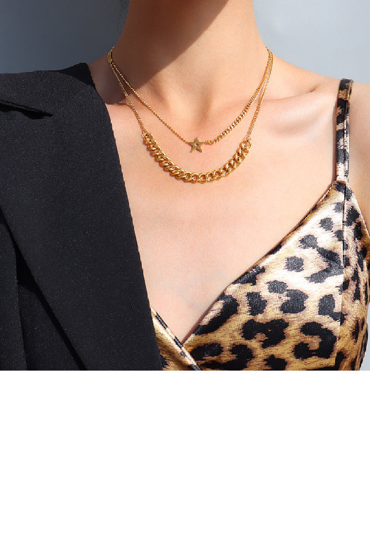 Fashion Personality Plated Gold 316L Stainless Steel Star Chain Double Layer Necklace
