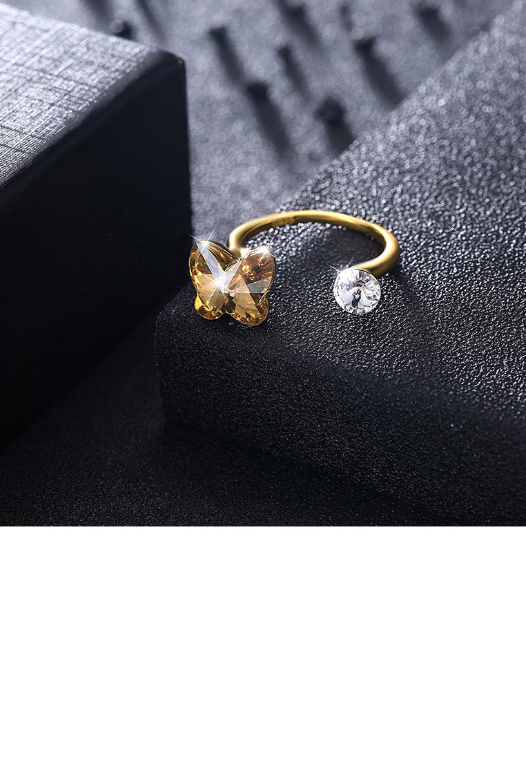 925 Sterling Silve Gold Plated Luxury Elegant Fashion Butterfly Adjustable Opening Ring with Golden Austrian Element Crystal