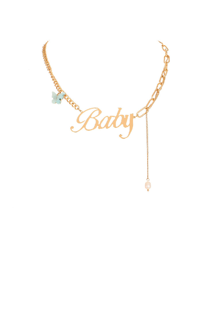 Fashion Exaggerated Plated Gold Alphabet Baby Butterfly Imitation Pearl Tassel Necklace - Luxurious Look