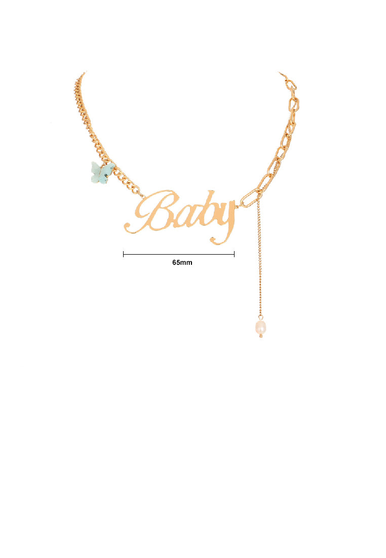 Fashion Exaggerated Plated Gold Alphabet Baby Butterfly Imitation Pearl Tassel Necklace - Luxurious Look