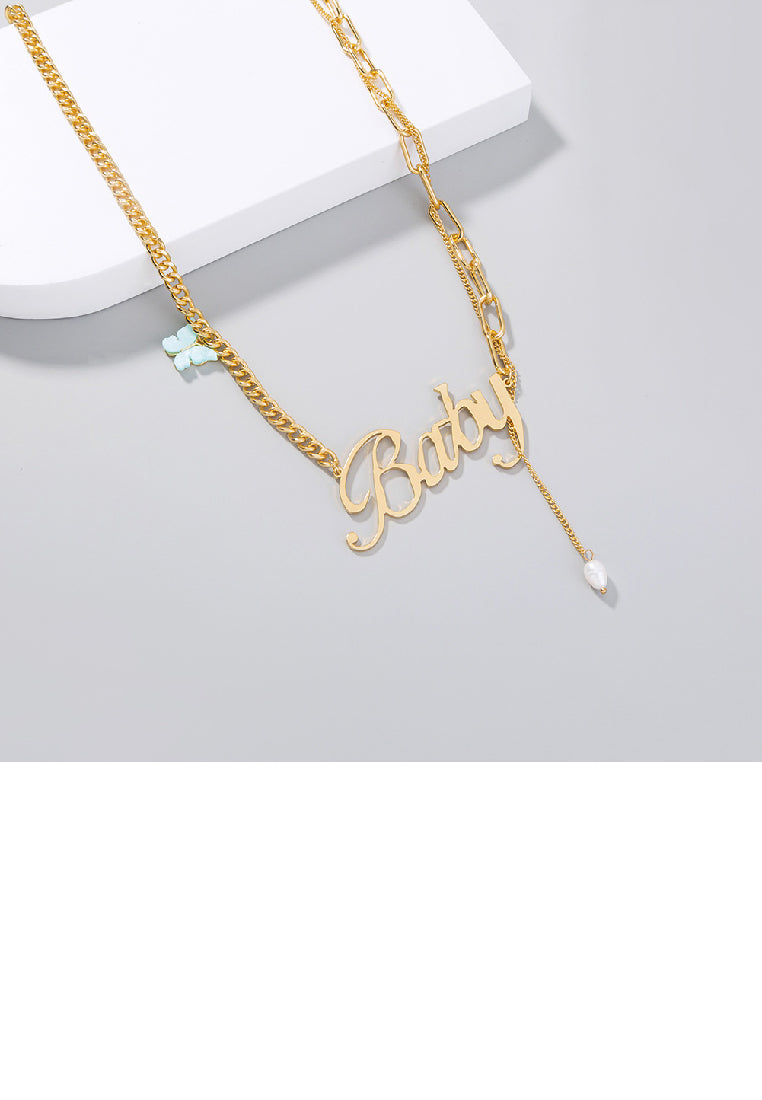 Fashion Exaggerated Plated Gold Alphabet Baby Butterfly Imitation Pearl Tassel Necklace - Luxurious Look