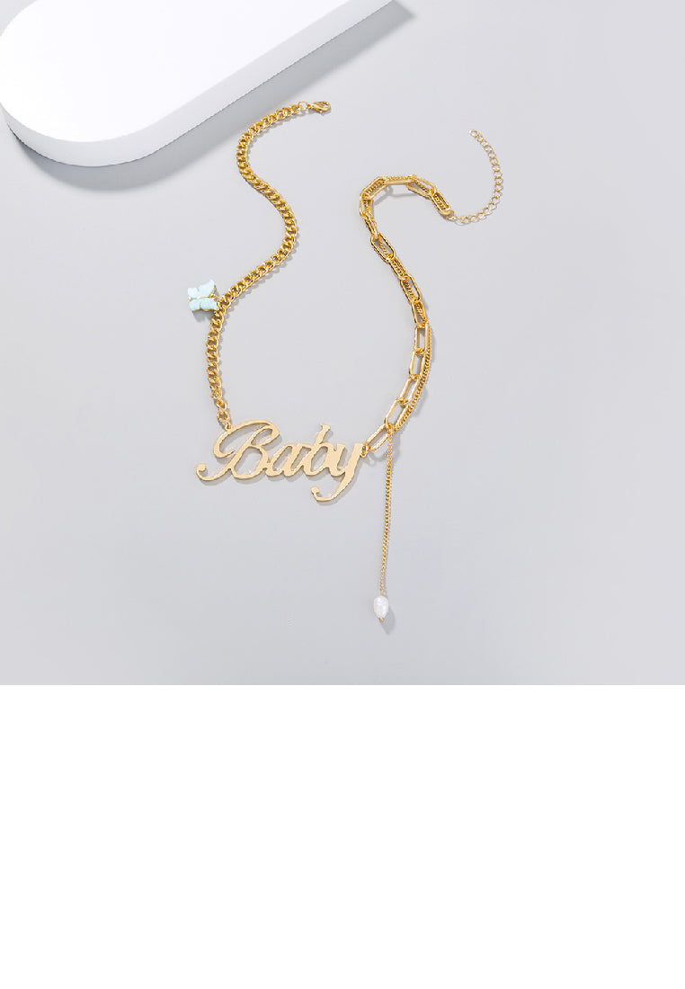 Fashion Exaggerated Plated Gold Alphabet Baby Butterfly Imitation Pearl Tassel Necklace - Luxurious Look